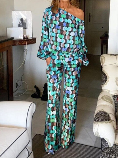 Dam Kläduppsättning Färgglad Topp och Byxor Högkvalitativt Tyg-4