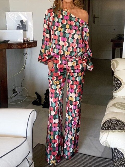 Variant image for Dam Kläduppsättning Färgglad Topp och Byxor Högkvalitativt Tyg-1