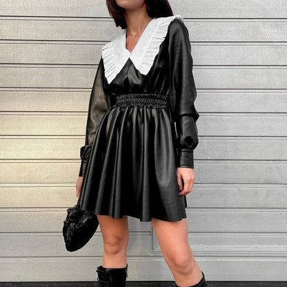 Dam Läderklänning Med Kontrasterande Veckad Krage-1