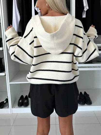 Damjacka V-hals Randig Polyester Lösa Huvan Avslappnad Jackor Dam-6