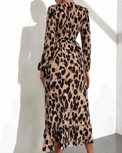 Damklänning A-linje Leopardmönster Polyester V-ringning-5