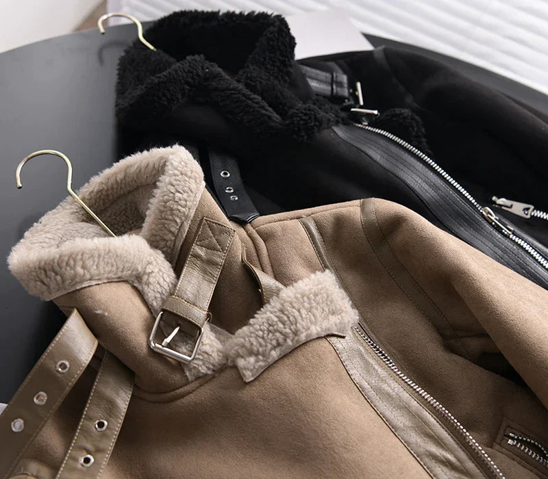 Dam Skinnjacka Med Sherpa Fleece Halvlång Borstat Läder 2