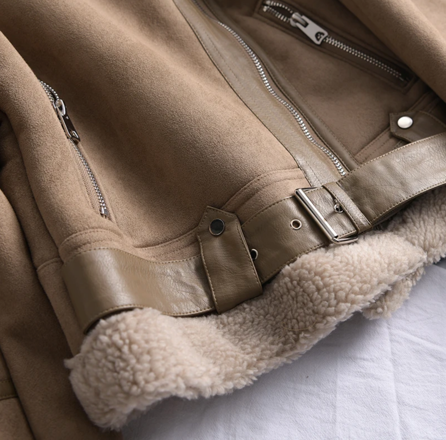 Dam Skinnjacka Med Sherpa Fleece Halvlång Borstat Läder 4