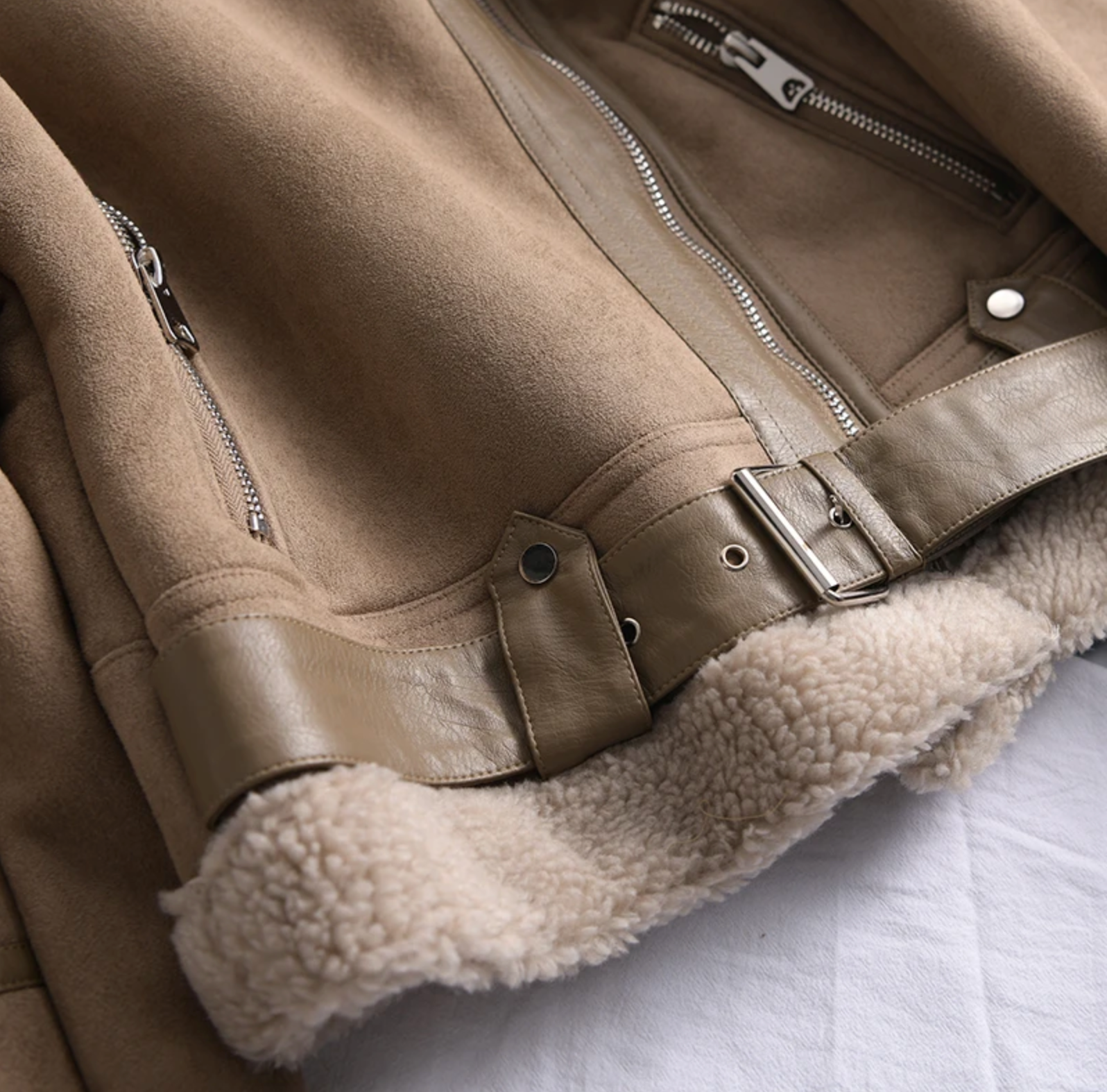 Dam Skinnjacka Med Sherpa Fleece Halvlång Borstat Läder 4