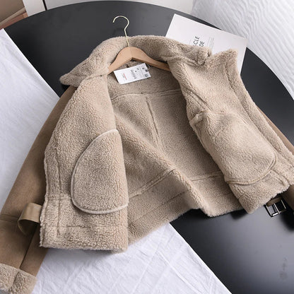 Dam Skinnjacka Med Sherpa Fleece Halvlång Borstat Läder 6