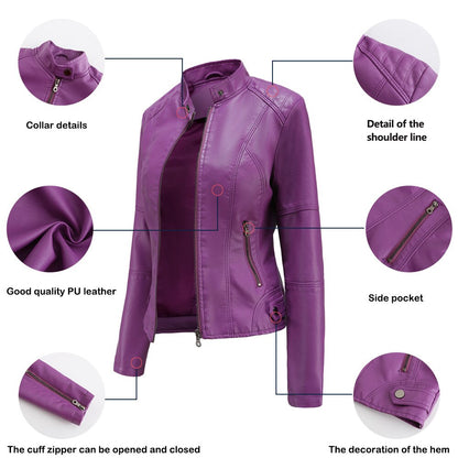 Dam Skinnjacka Mao Krage PU-Läder Slim Fit-3