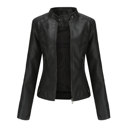 Dam Skinnjacka Mao Krage PU-Läder Slim Fit-1