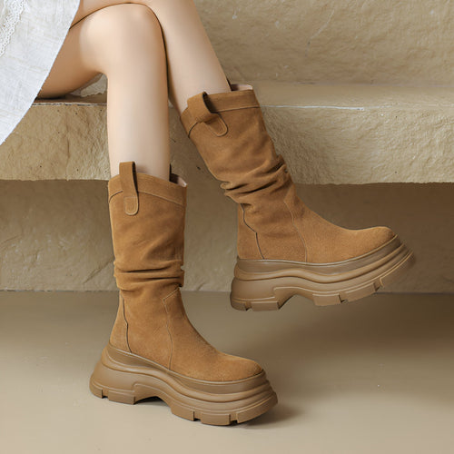 Dam Stövlar Vintage Western Cowgirl Plattformsblock Syntetisk Läder-1