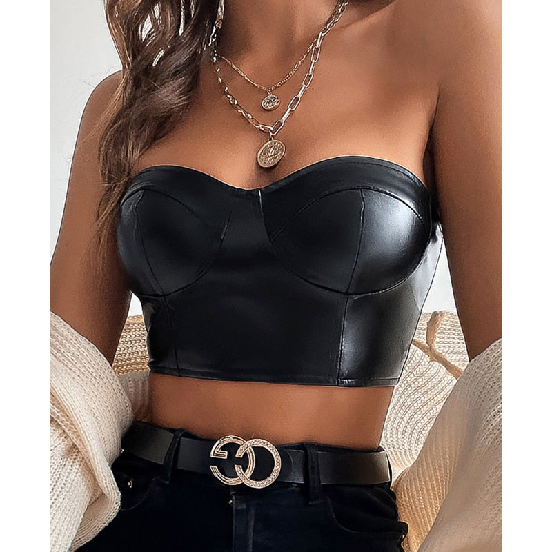 Dam Korsett Bustier i Syntetiskt Läder - Elegant och Förförisk Design-4