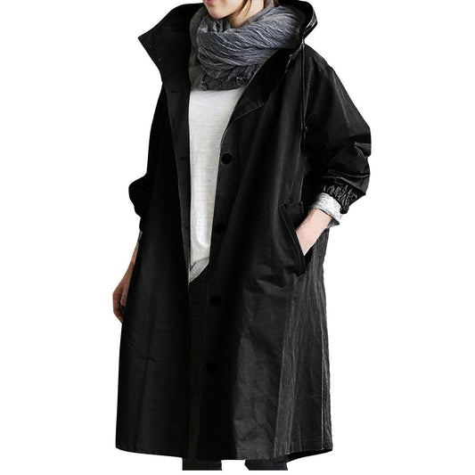 Dam Trenchrock Lång Passform Justerbar Huva Bomull Polyester-1