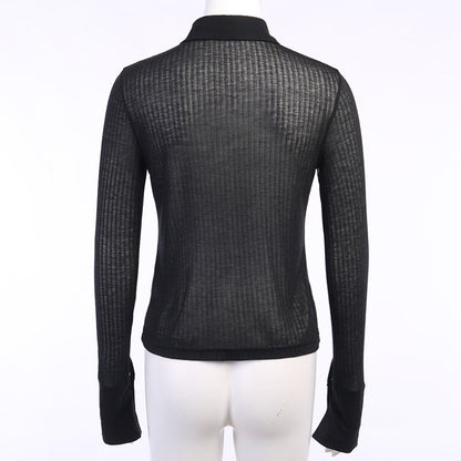 Långärmad T-shirt Dam Transparent Polyester med Krage-5