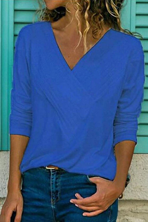 Dam V-ringad Topp Lång Ärmar Blandat Material-4
