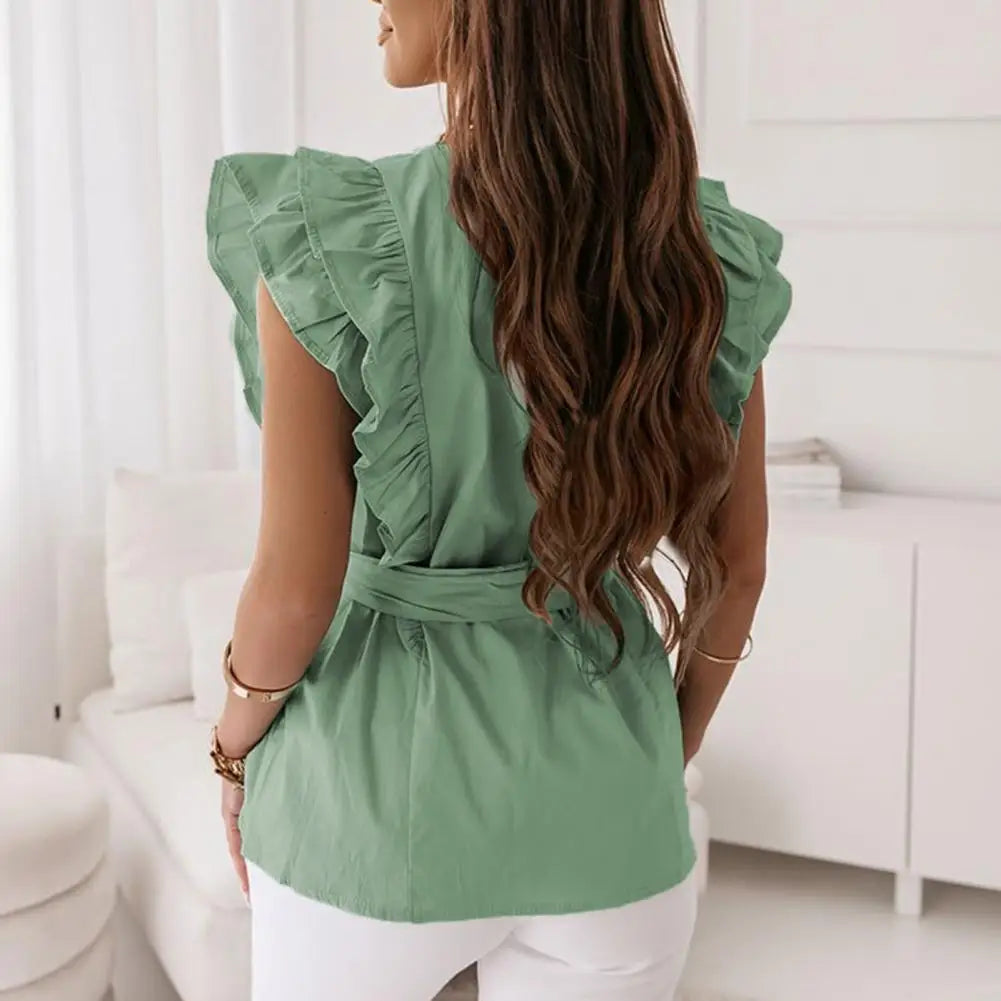 Dam Blus med Ruffles och Bälte i Lätt Tyg-2