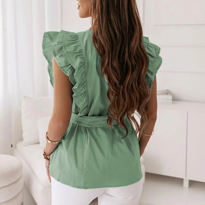 Dam Blus med Ruffles och Bälte i Lätt Tyg-2