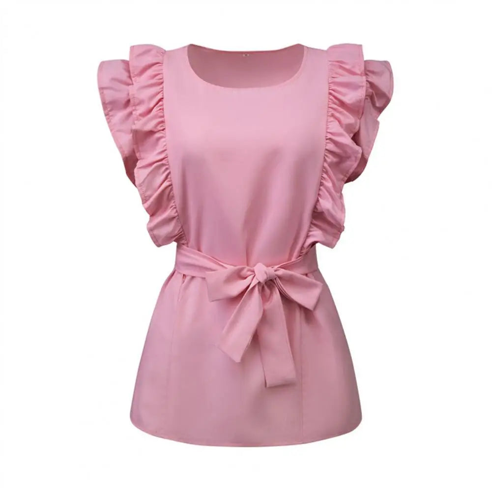 Dam Blus med Ruffles och Bälte i Lätt Tyg-6