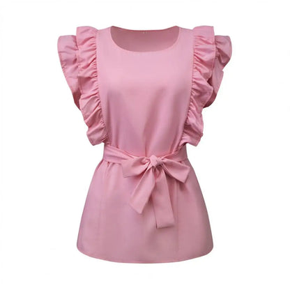 Dam Blus med Ruffles och Bälte i Lätt Tyg-6