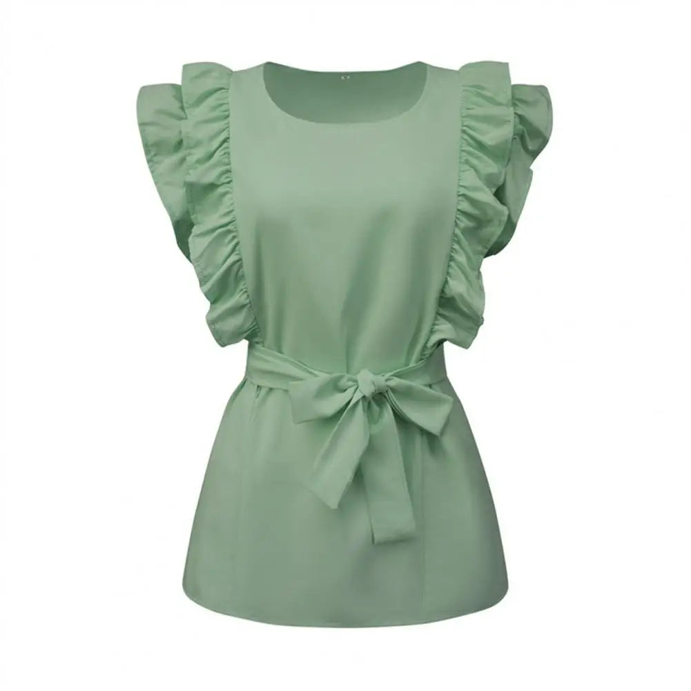 Dam Blus med Ruffles och Bälte i Lätt Tyg-3