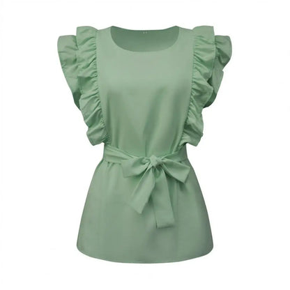 Dam Blus med Ruffles och Bälte i Lätt Tyg-3