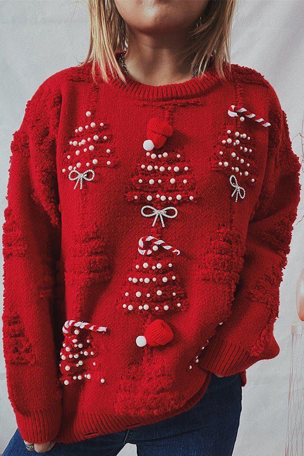 Herren-Pullover, Bommelstrick, mit 3D-Motiv, aus Weihnachtsbäume, aus rot, Acryl-2