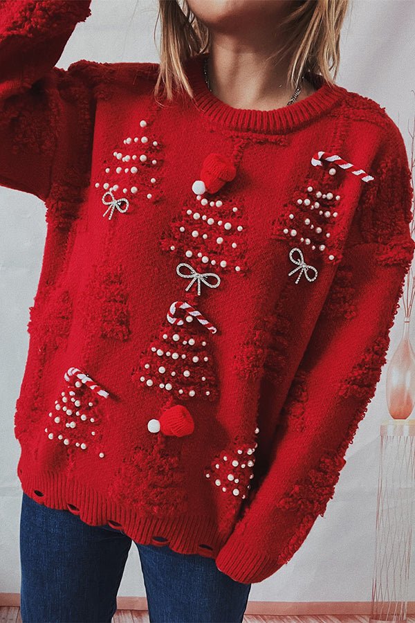 Herren-Pullover, Bommelstrick, mit 3D-Motiv, aus Weihnachtsbäume, aus rot, Acryl-3