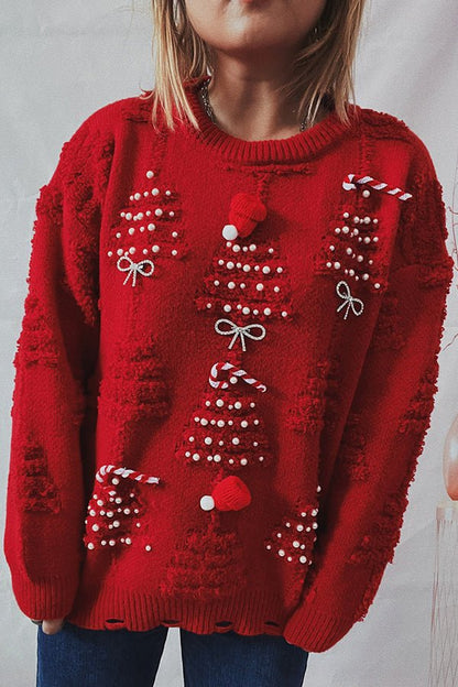 Herren-Pullover, Bommelstrick, mit 3D-Motiv, aus Weihnachtsbäume, aus rot, Acryl-1