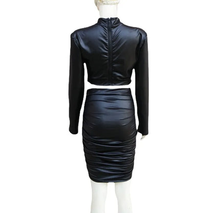 Dam Set Syntetisk Läder Långärmad Topp och Samlad Kjol-4