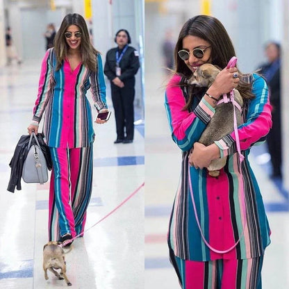 Dam Uppsättning Randig Topp och Byxor Mjuk Tygblandning-3