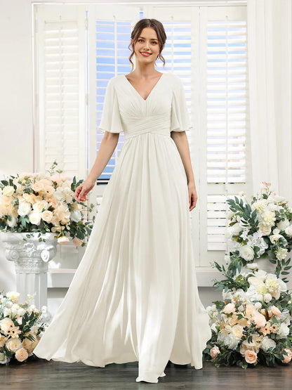 Elegant Chiffongklänning med V-ringning och Hög Slits – Perfekt för Bröllop och Festliga Tillfällen, Normal Passform 16