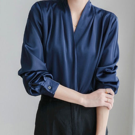 Dam Blus V-ringning Satin Elegant Flödande Passform-2