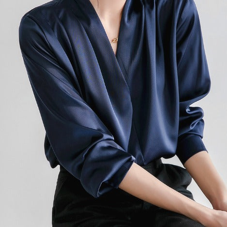 Dam Blus V-ringning Satin Elegant Flödande Passform-1