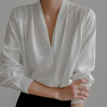 Dam Blus V-ringning Satin Elegant Flödande Passform-3