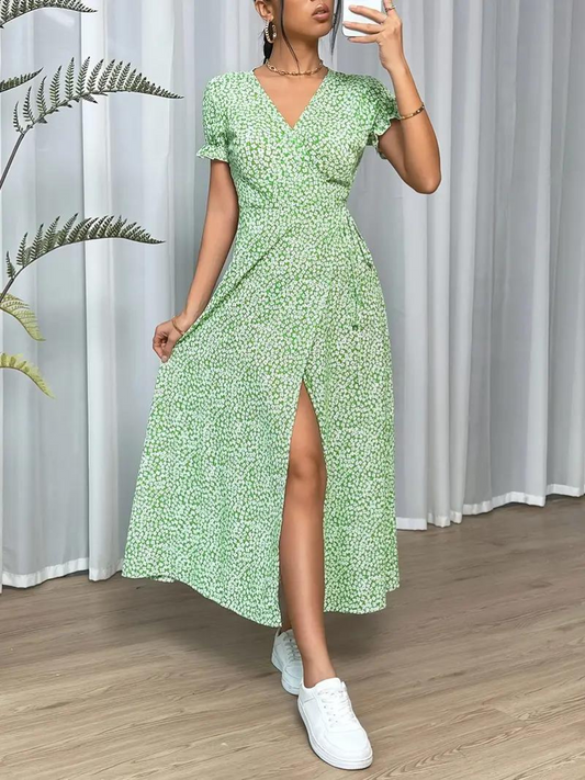 Dam Klänning Lång Korta Ärmar Polyester Elegant Fina Dam Klänningar-1