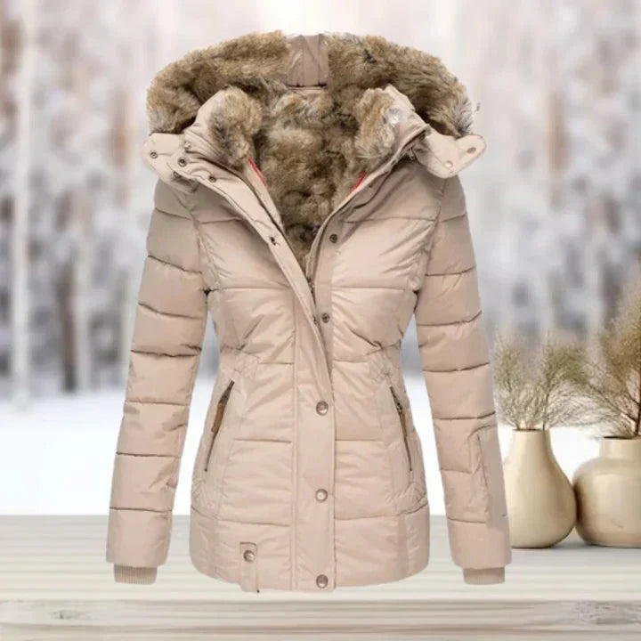 Damjacka med Huva och Päls i Polyester för Vinter och Höst-1