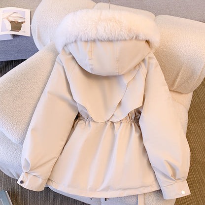 Lång Vinterjacka Dam med Huvtröja och Justerbar Snörning i Polyester – Varm och Trendig Vinterkappa 2