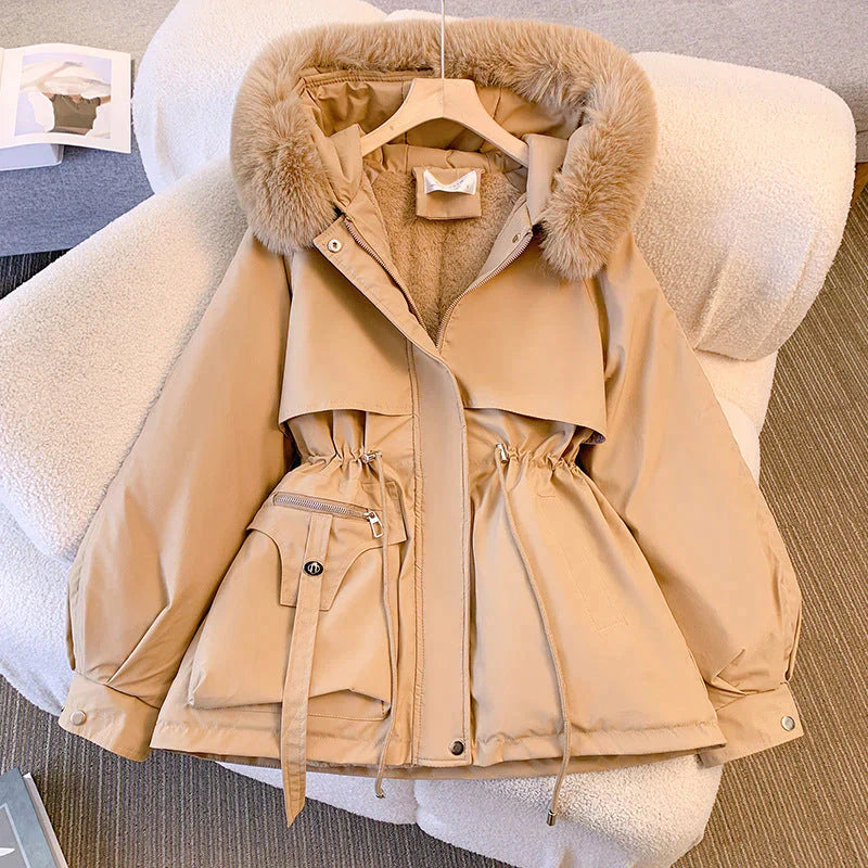 Vinterjacka Dam Lång Elegant Ullpolyester Med Päls Krage-5