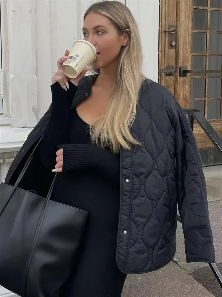 Vinterjacka Dam Överdimensionerad Quiltad Polyester med Väskor-3