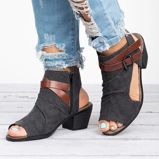 Dam Skor Peep Toe Plattform Bomullstyg med Spänne-1
