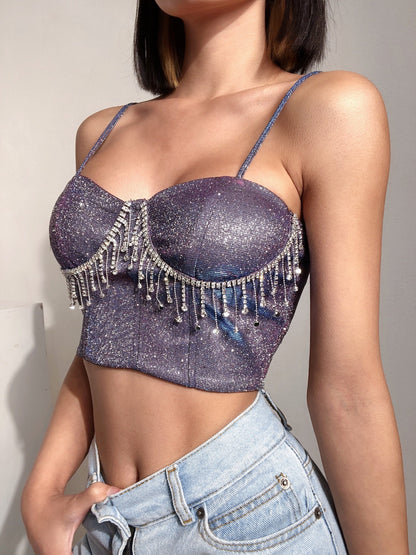 Festtopp Dam Glittrig Polyester med Strass Detaljer-4