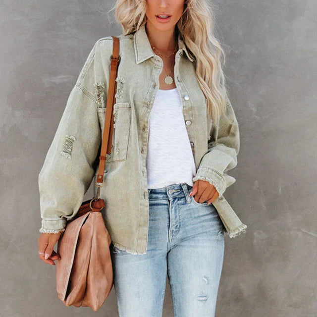 Dam Överdimensionerad Denimjacka Sliten Look-1