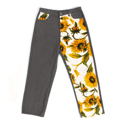 Damjeans Hög Midja Raka Blommönstrad Bomull och Polyester-2