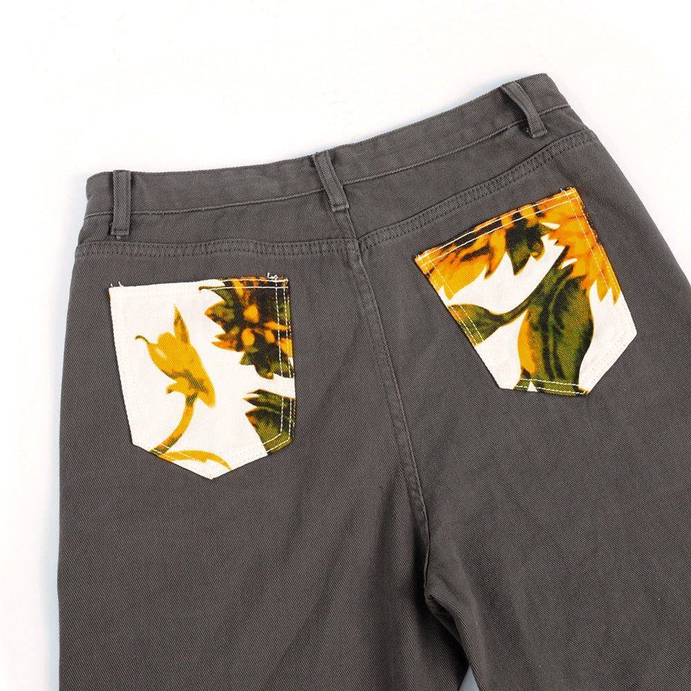 Damjeans Hög Midja Raka Blommönstrad Bomull och Polyester-4