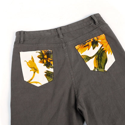 Damjeans Hög Midja Raka Blommönstrad Bomull och Polyester-4
