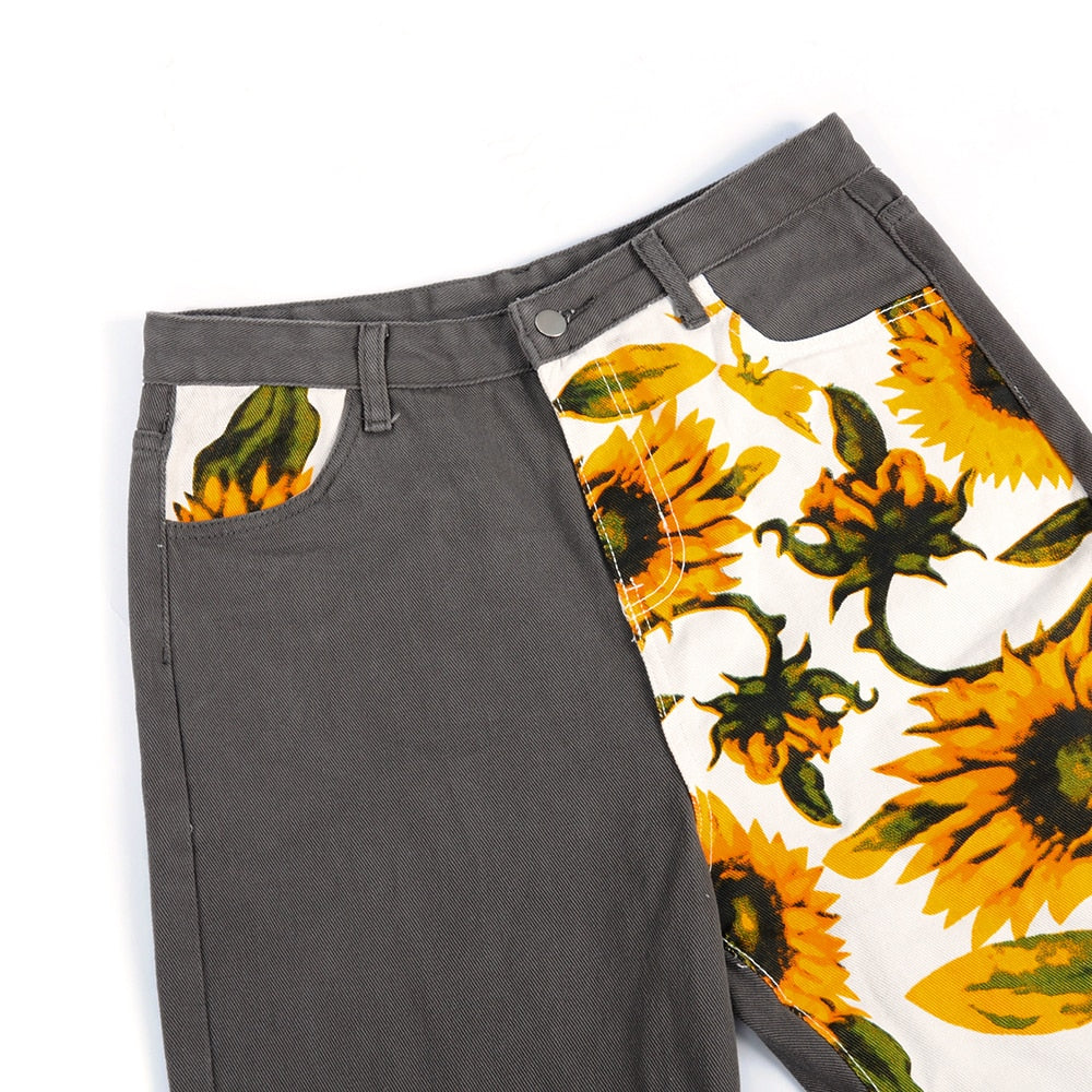 Damjeans Hög Midja Raka Blommönstrad Bomull och Polyester-3