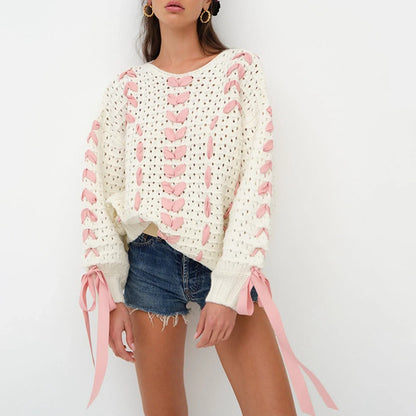 Variant image for Dam Stickad Tröja med Hjärtmönster och Snörning i Mjuk Akryl-1