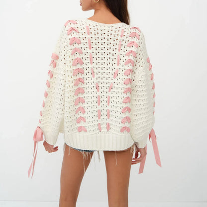 Dam Stickad Tröja med Hjärtmönster och Snörning i Mjuk Akryl-4