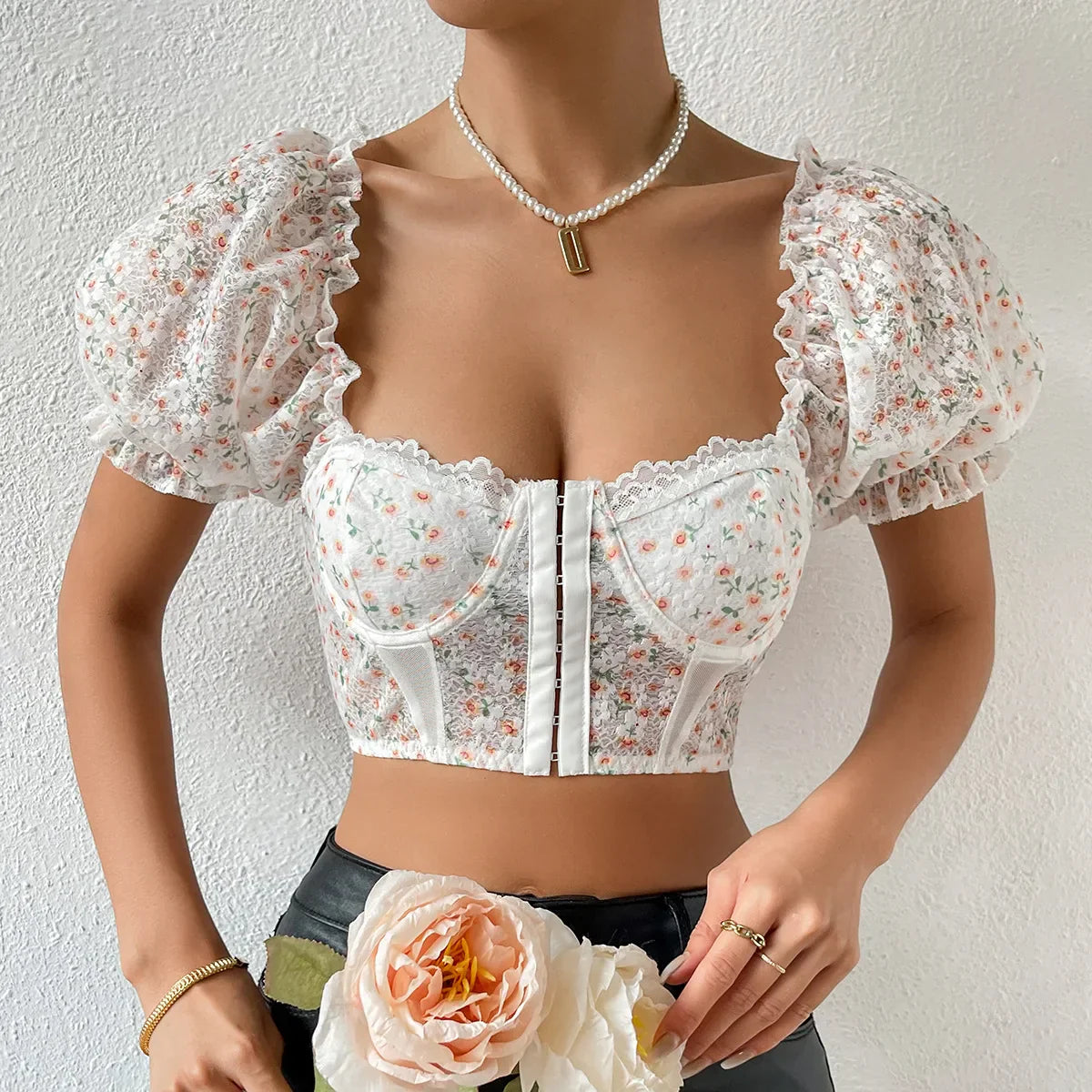 Dam Festtoppar Puffärmad Korsett Topp i Polyester-1