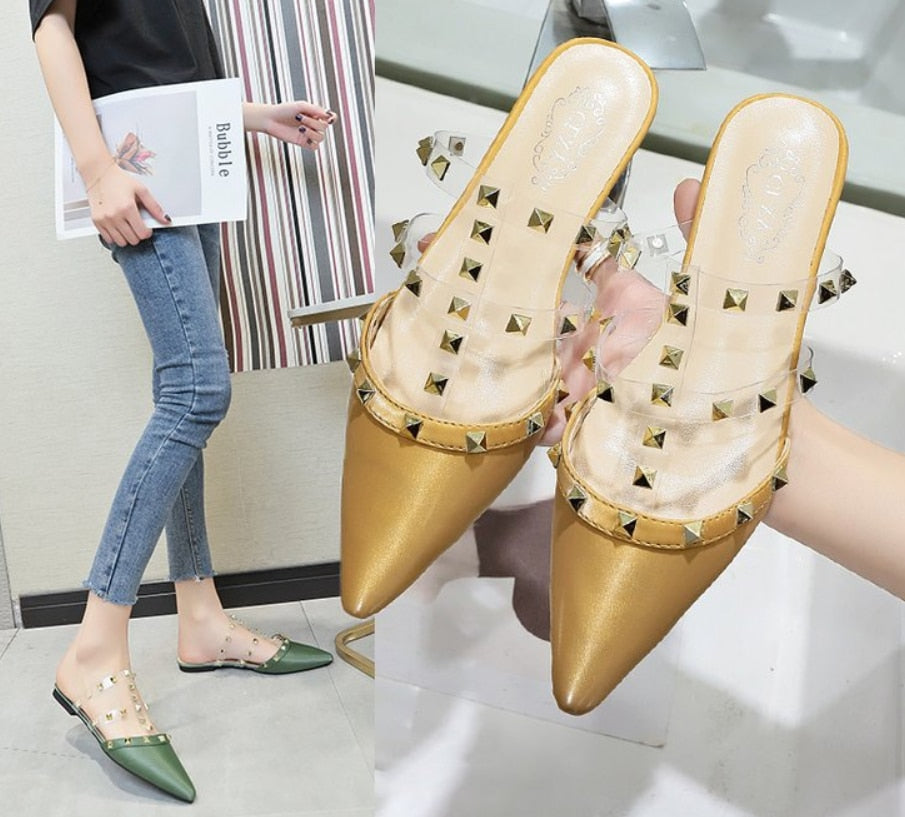 Kvinnors Mulskor Rivet PU-Läder Flat Sula-4