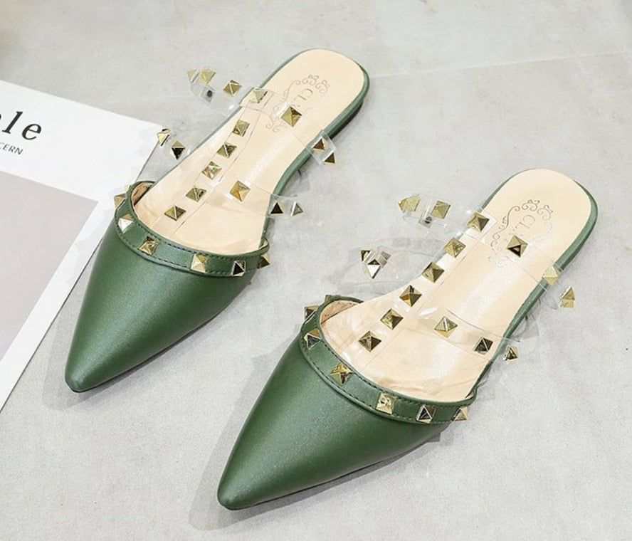 Kvinnors Mulskor Rivet PU-Läder Flat Sula-5