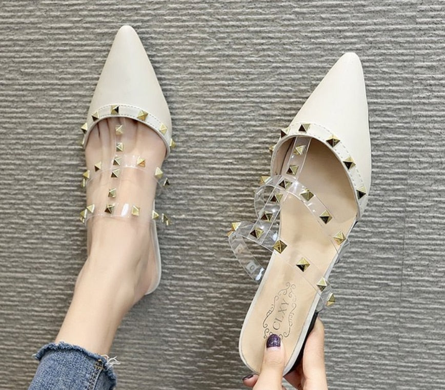 Kvinnors Mulskor Rivet PU-Läder Flat Sula-6