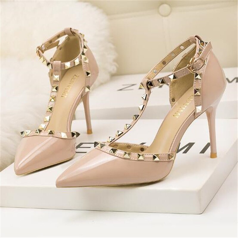 Variant image for Dam Högklackade Sandaler Ankelband PU-Läder med Nitar-5